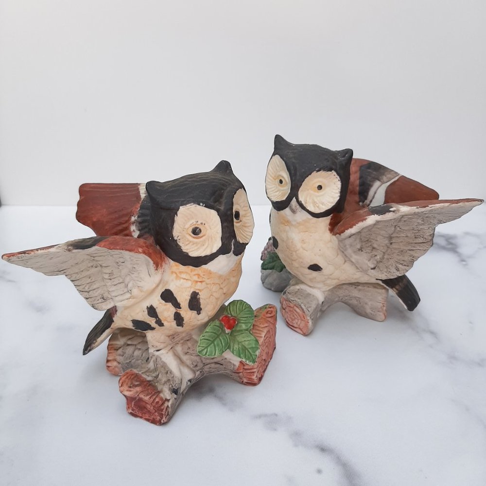 Vintage Ceramic Owl Figurines on Log SET OF 2 rustic painted finish